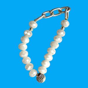 Erimish Milky White Faceted Crystals Beaded Bracelet Logo Tag Stackable Stretch